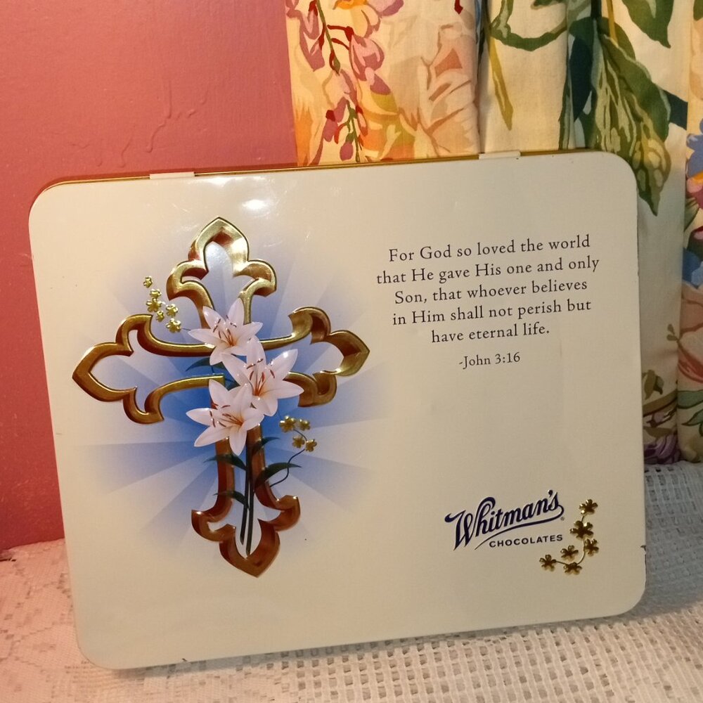WHITMANS CHOCOLATES LARGE SQUARE L TIN CAN WITH SCRIPTURE MESSAGE JOHN 3:16